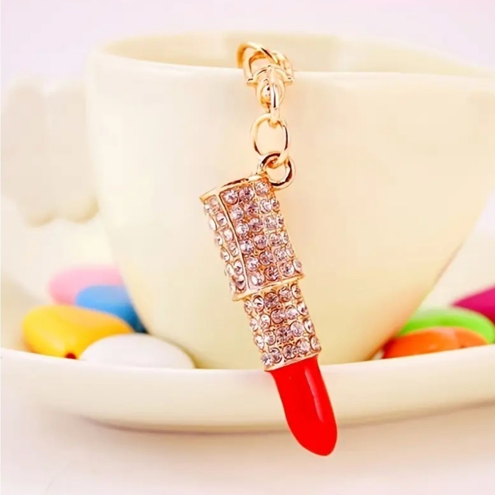Red Rhinestone Lipstick Purse Charm Keychain – Gold Bling Bag Accessory – NWT - Picture 2 of 4